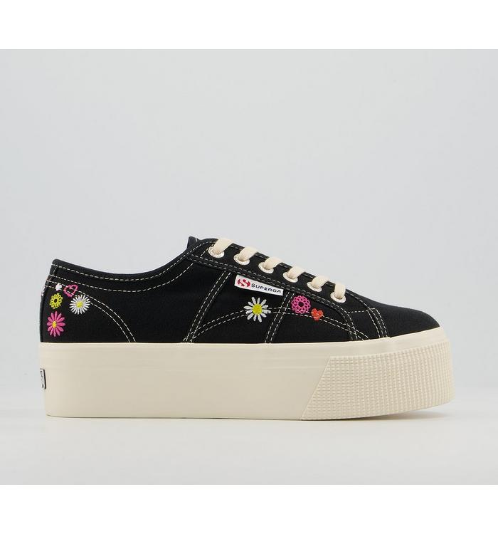 Superga 2790 Trainers BLACK WHITE FLORAL EMBROIDERY EXCLUSIVE Cotton