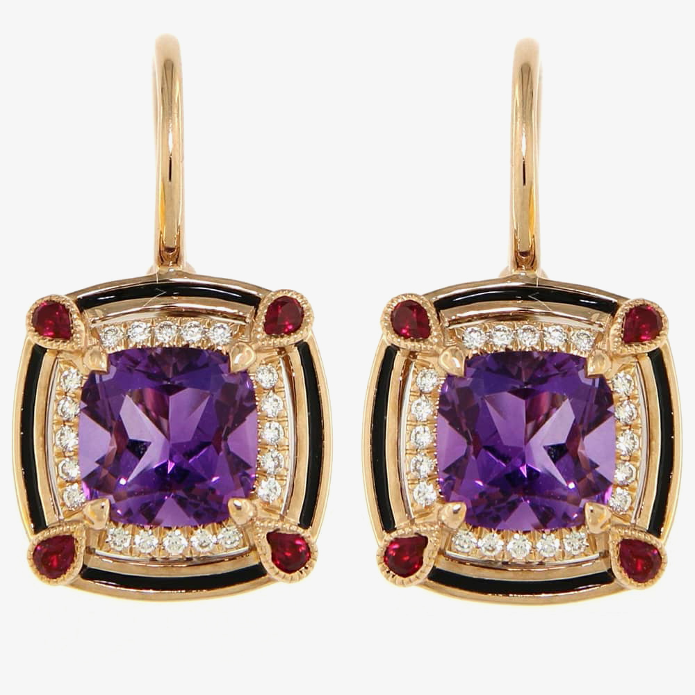 Ungar &amp; Ungar 18ct Rose Gold Amethyst Diamond &amp; Ruby Dropper Earrings 8RE5722D RU AM