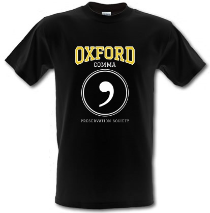 Oxford Comma Preservation Society male t-shirt.