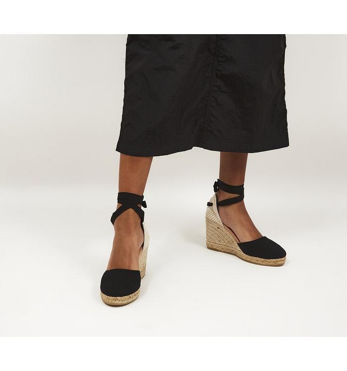 Gaimo For Office Ankle Tie Espadrille Wedges Black Canvas