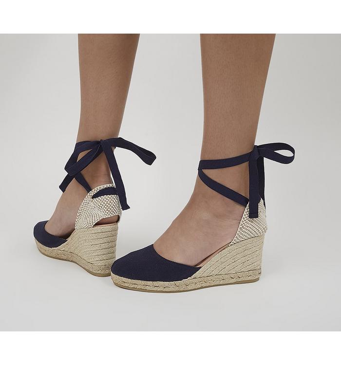 Gaimo For Office Ankle Tie Espadrille Wedges Navy Canvas