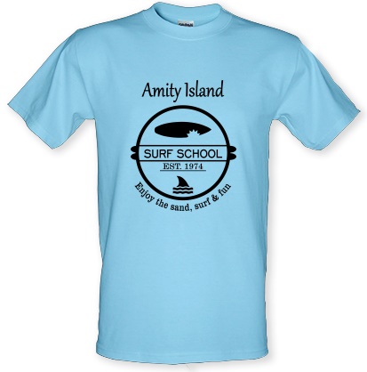 Amity Island Surf School Est. 1974 male t-shirt.